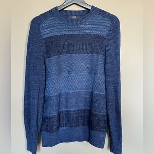 Men’s Indigo cotton colorblock crewneck sweater in tonal pieced stripes, Small